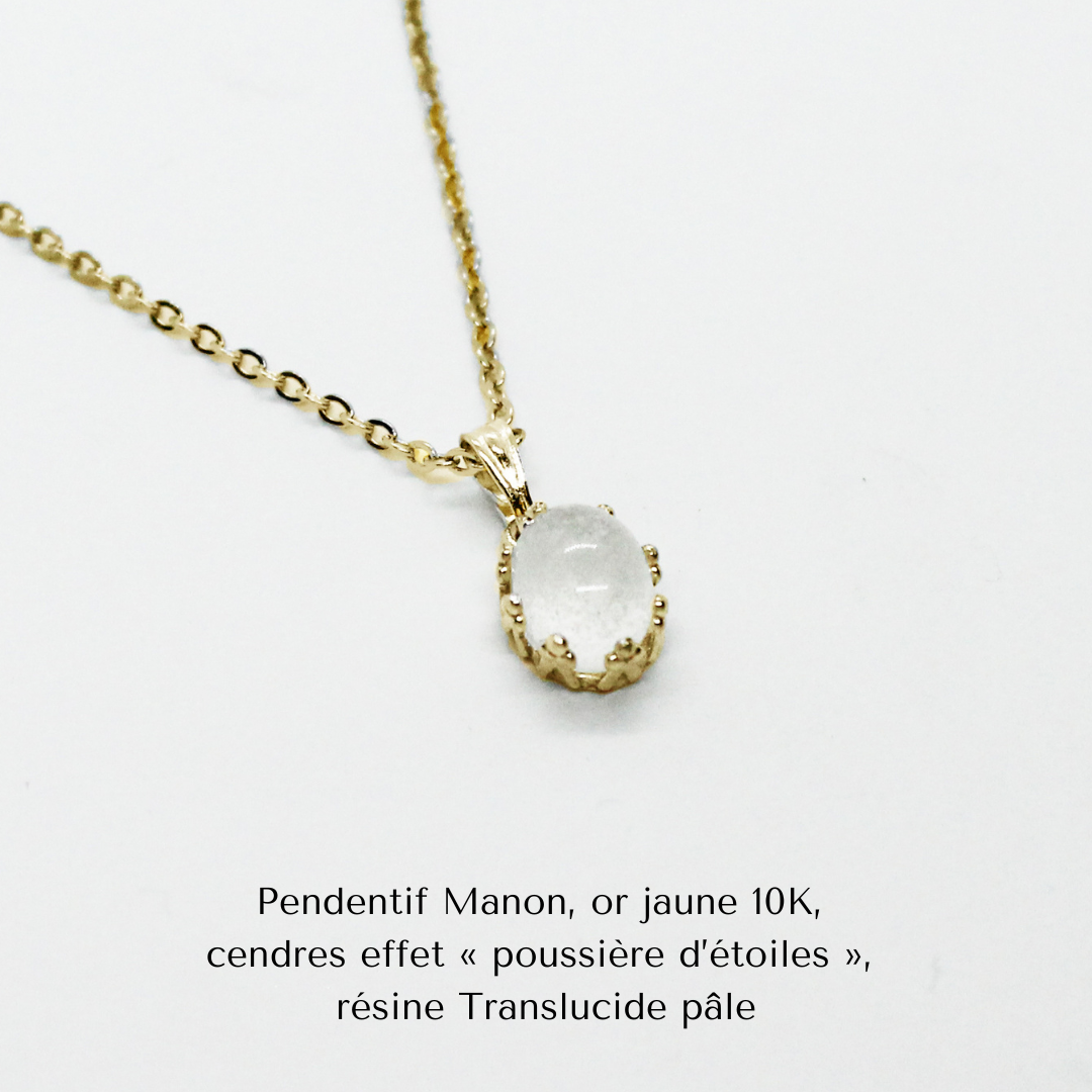 Bijoux Souvenirs Particella, pendentif Manon or jaune 10K, cendres effet poussière d'étoiles, résine translucide, pale