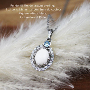 Bijoux Souvenirs Particella, pendentif Renée, argent sterling, 18 zircons 1,5mm, 1 cubique zirconium de couleur Aigue-marine - Mars, lait maternel Perle.
